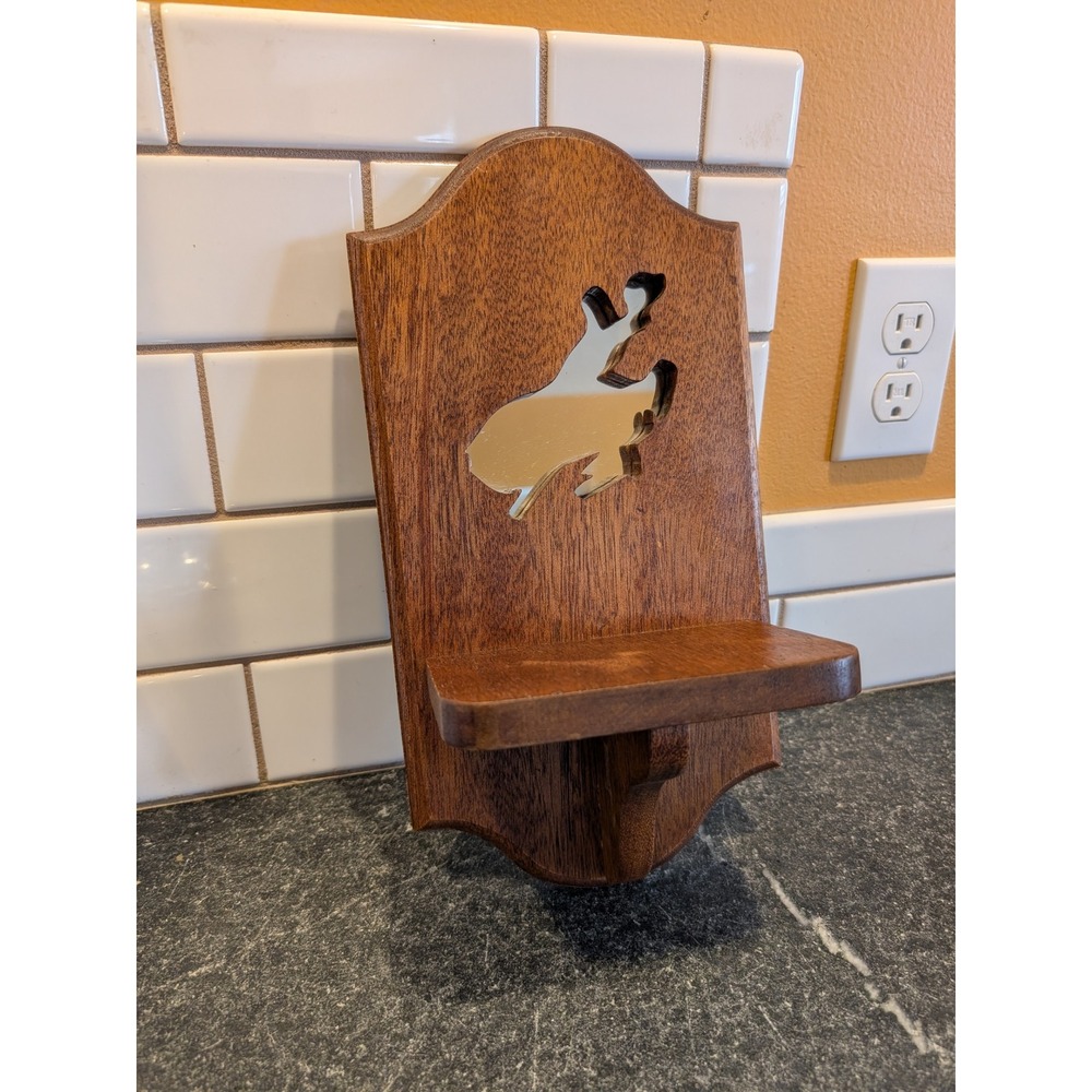 Vintage Handmade Wood Wall Shelf (Rabbit?) Mirror Inlay Western Rustic